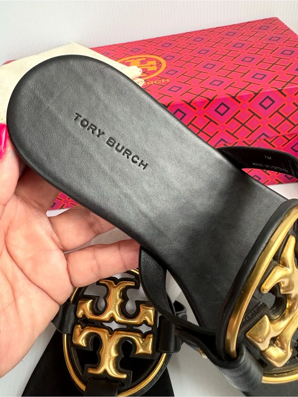 Tory Burch Miller Sandal Size7 M  Perfect Black /Gold Hardware New